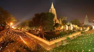 illuminated pic of mahabodhi temple in gaya